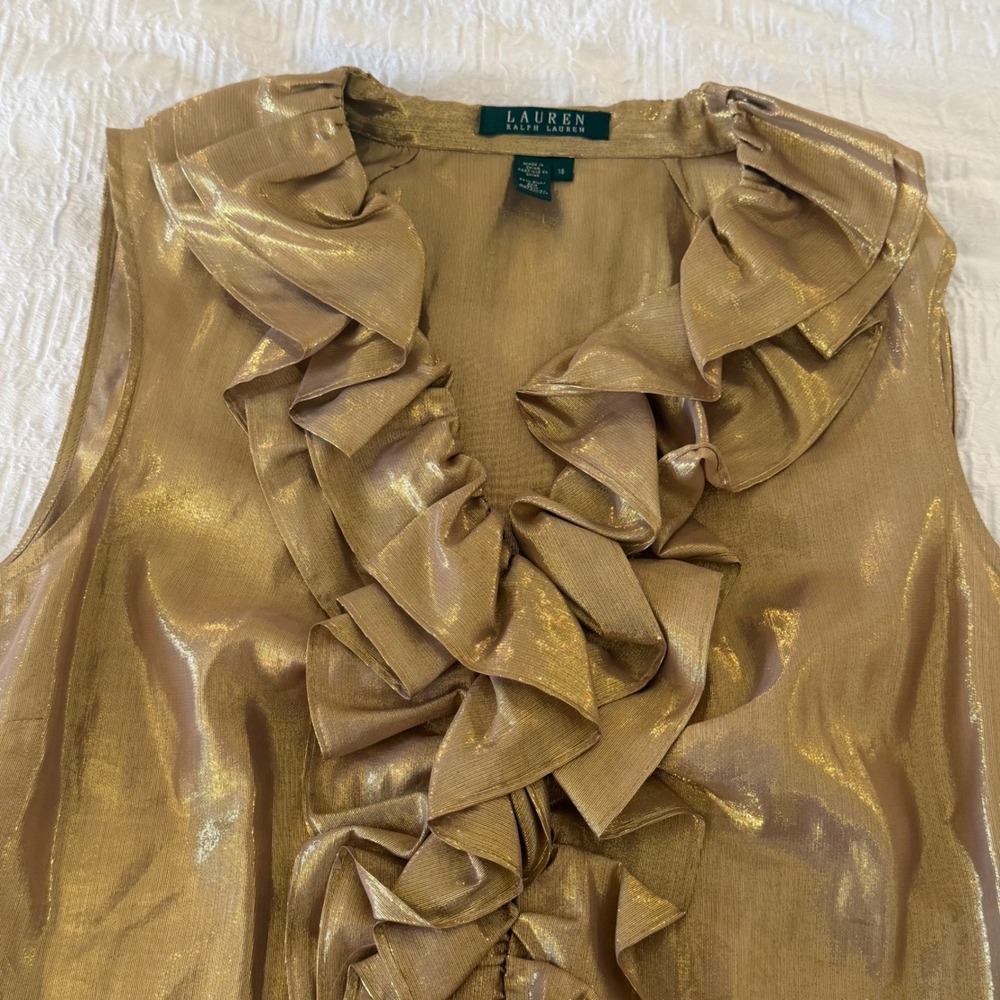 Lauren Ralph Lauren Gold Metallic Silk Blend Ruffle Peplum Blouse Top Size 16 - Picture 3 of 9